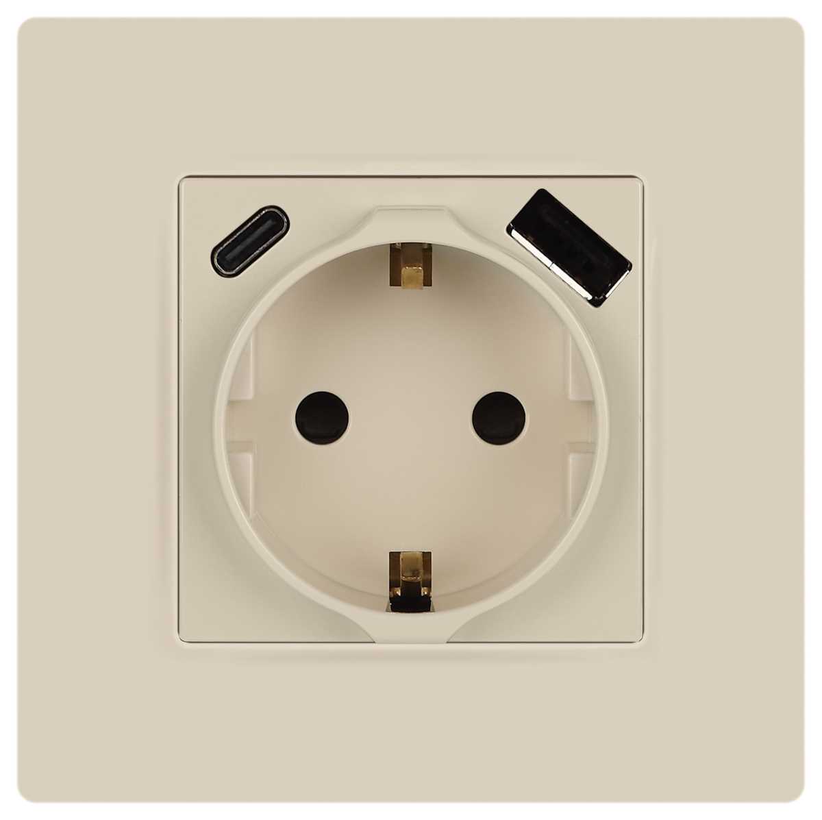 фото розетка эра серия 12 12-4108-02 2p+e 16a-250в со шторками с usb type-a+c 5в-3а слоновая кость б0067731 | 220svet.ru