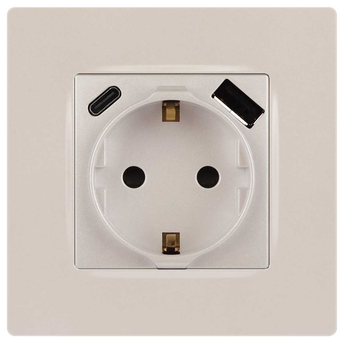 фото розетка эра серия 12 12-4108-15 2p+e 16a-250в со шторками с usb type-a+c 5в-3а перламутр б0067767 | 220svet.ru